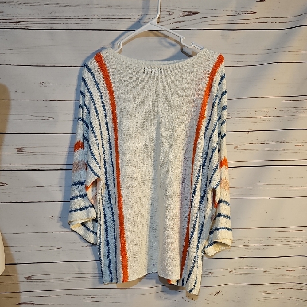 Striped Knit Sweater Top‎ Blue Orange White Oversized Boxy Boho Pullover ,XL